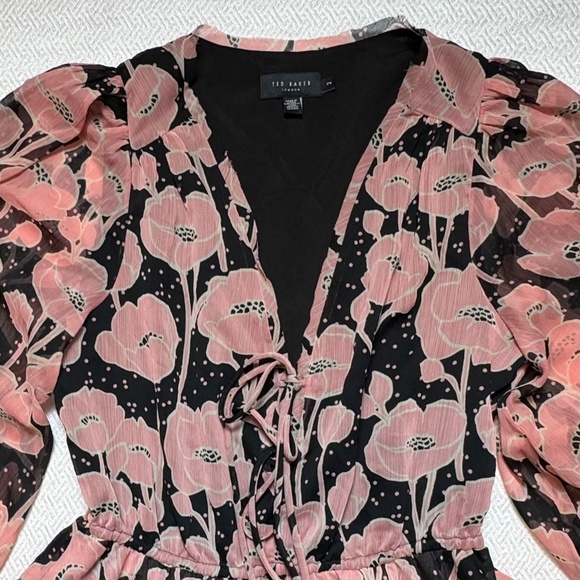 NWOT TED BAKER Priana Ruffle Sleeve Floral Romantic Mini Dress Pink Black Size 2 - Picture 6 of 15